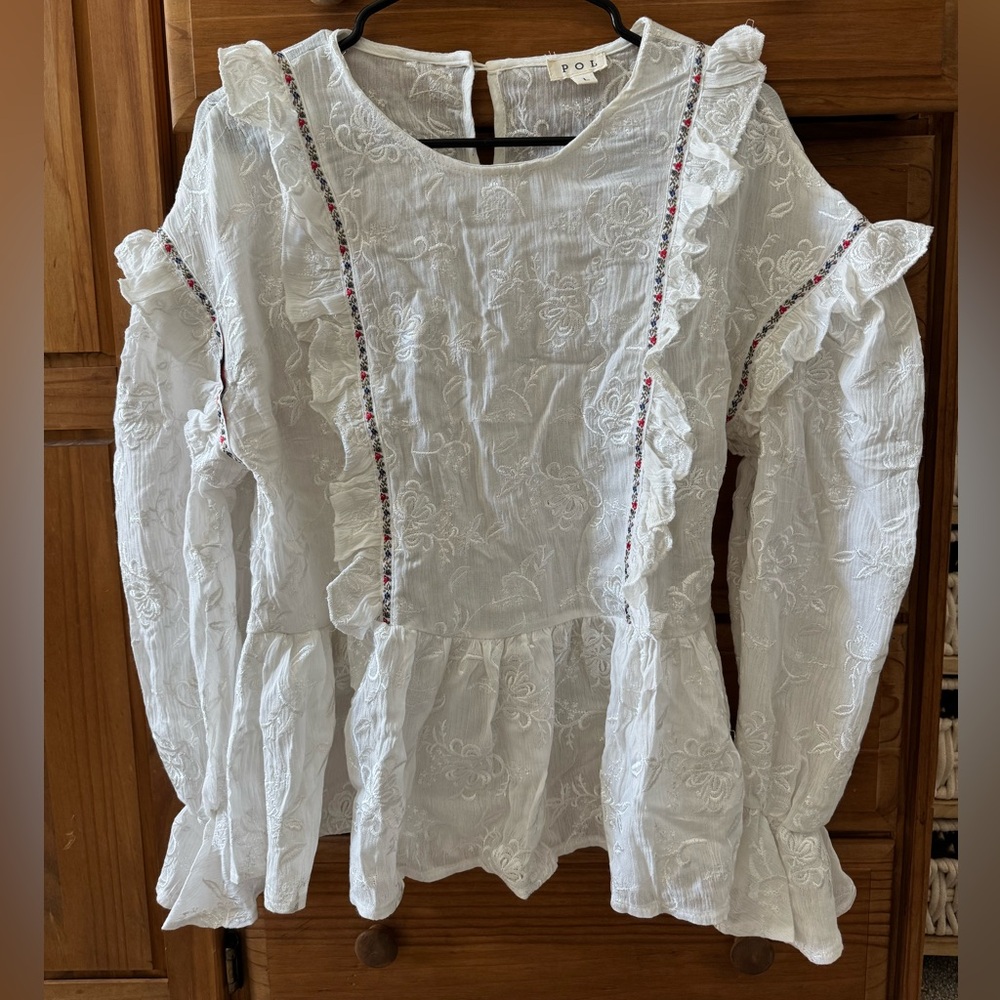 POL White Embroidered Ruffle Long-Sleeve Peplum Blouse Large